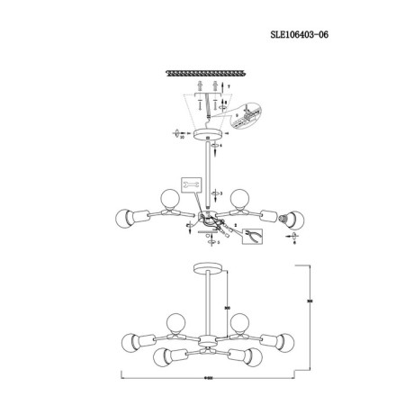 Ceiling EVOLUCE lamp. Sle106403-06. Palare. 6x60 watts, E27, 60x60x35.5 cm, gray color, pink gold-12