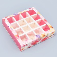Box for sweets, confectionery packaging, 16 cells, “flowers” ​​17.7 x 17.7 x 3.8 cm