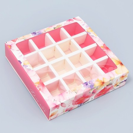 Box for sweets, confectionery packaging, 16 cells, “flowers” ​​17.7 x 17.7 x 3.8 cm
