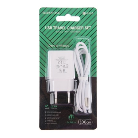 Network charger Borofone BA52A, USB, 2.1 A, MicroUSB cable, 1 m, white-3