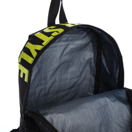 A backpack with a zipper, an outer pocket, 2 side pockets, black/yellow color-5