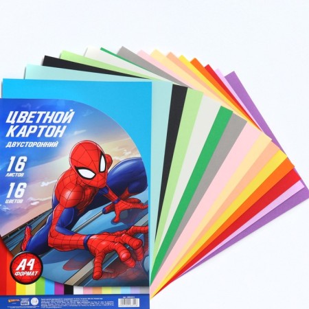 Cardboard tinted, A4, 16 sheets, 16 colors, moped, bilateral, in a package, 180 g/m², Spider-Man-4