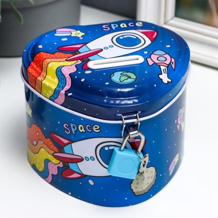 Piggy bank Metal with a lock "Cosmos and clouds" MIX 9x11.5x11 cm-1
