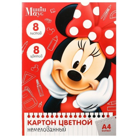 Cardboard color, A4, 8 sheets, 8 colors, non -unilateral, in a folder, 220 g/m², Minnie Mouse-3