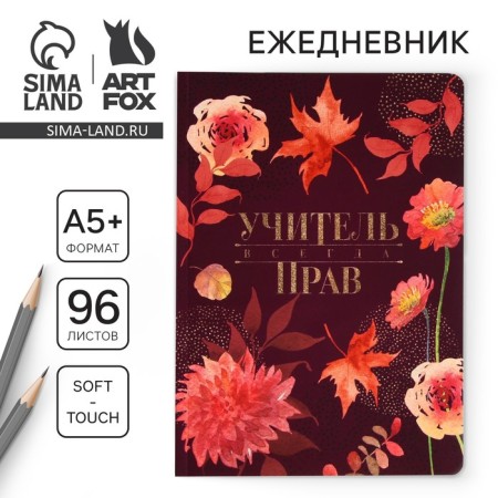 Large diary "Teacher is always right" Soft-Touch, A5+format, 96 sheets, soft cover, ruler