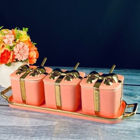 A set of jars of Lenardi Multicolor, with spoons on a stand, 350 ml, 3 pcs