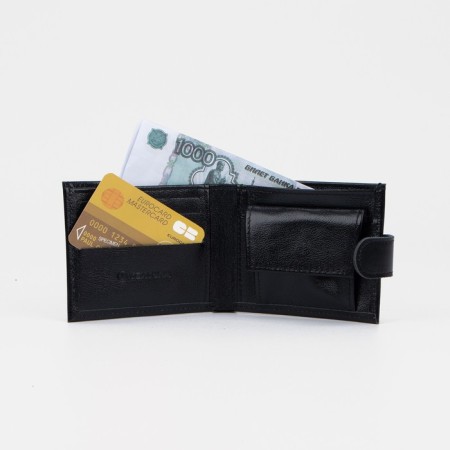 Male purse on the Textura button, for bills, for cards, for coins, black color-5