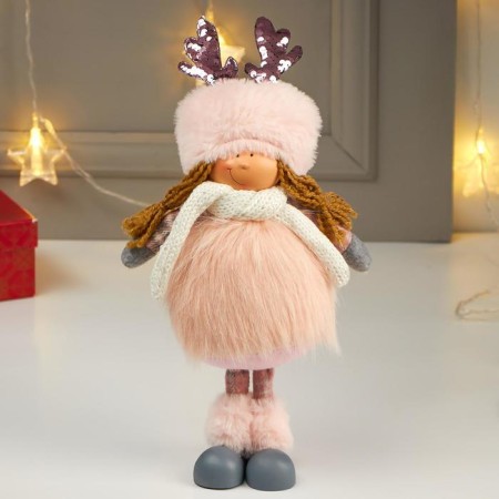 Interior doll "Girl in a pink fur coat and in a hat with ears" 38x11x16 cm