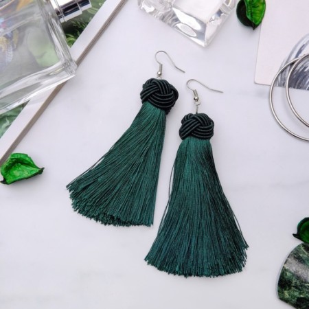 Earrings "Brushes" romance, green color in silver, brush length 10 cm-1