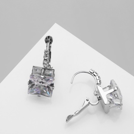 Earrings "Zirconium" mini, square, white color in silver-1