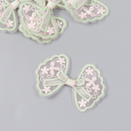 Decor for creativity Textile embroidery "Bow in green-pink flowers" 7x5.5 cm-1