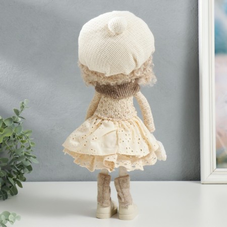 Interior doll "Baby in beret, in a beige outfit, with a flower" 36.5x13x17 cm-2