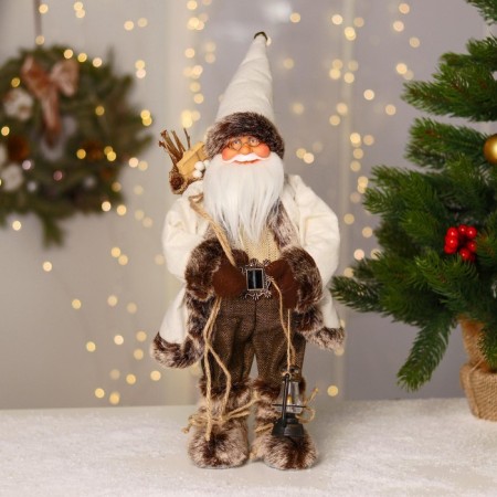 Santa Claus "in a white fur coat, in a cap, with a flashlight" moves, 40 cm