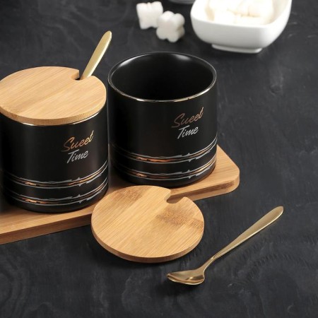 A set of ceramic cans for bulk products with spoons on a wooden stand “Sweet Time”, 3 objects: 300 ml, black color-1