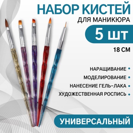 A set of brushes for building and design of nails, 5 pcs, 18 cm, multi -colored