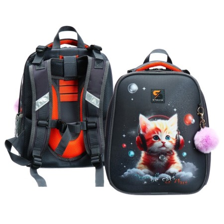 School backpack 38 x 30 x 16 cm, ergonomic back, Stavia "Martian cat", gray