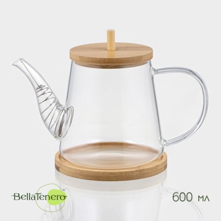 Glass teapot with a bamboo cover and a Bellatenero Bamboo, 600 ml, 19 × 11.3 × 12.2 cm.