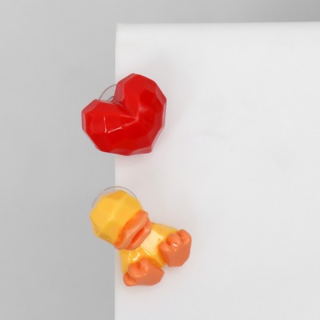 Earrings Plastic "Abstraction" duck and heart, yellow-red color-2