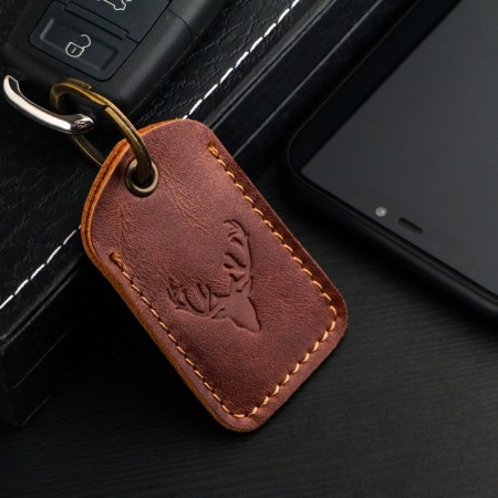 Key leather keychain, label, rectangular, genuine leather, brown, deer-1