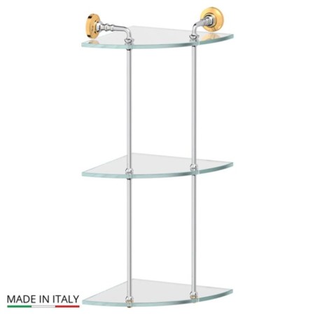 The corner shelf is three -tier, width 23 cm, glass, chrome, gold
