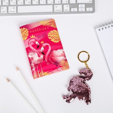 Set of passport cover and keychain "Realistic flamingos"-1