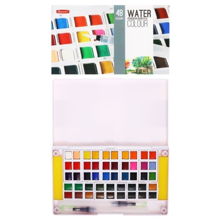 Watercolor paints, + 2 pieces of brushes, in a plastic box, 48 colors