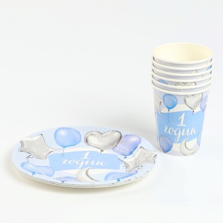 Set of paper dishes disposable “1 year old, boy”: 6 glasses, 6 plates-1