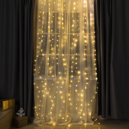 Garland "Curtain" 2.8 × 3 m dew on hooks, IP20, silver thread, 300 LED, glow warm white, flicker, USB