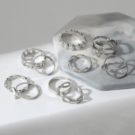 Set of rings 10 pieces "trend" lady, white color in silver, size mix-2