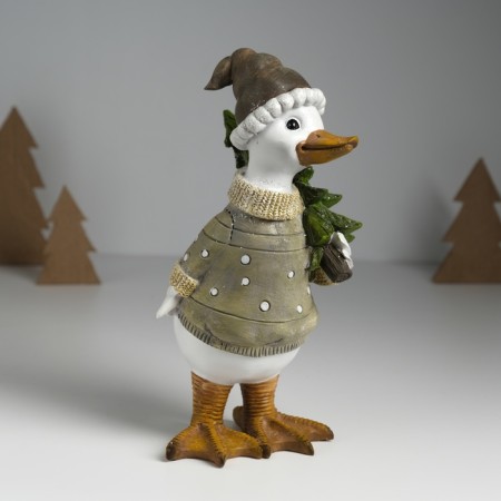 Polystone souvenir "Goose in a sweater in peas, carries the Christmas tree" Light green 9.5x12x22.5 cm-2