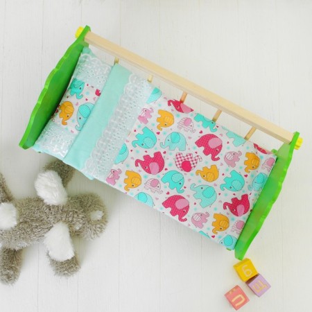 Bed linen for dolls "Elephants", sheet, blanket, pillow-2