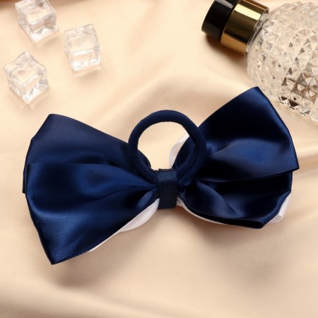 Hair elastic band "Schoolgirl" bow buckle and lace, 12 cm, white and blue-1