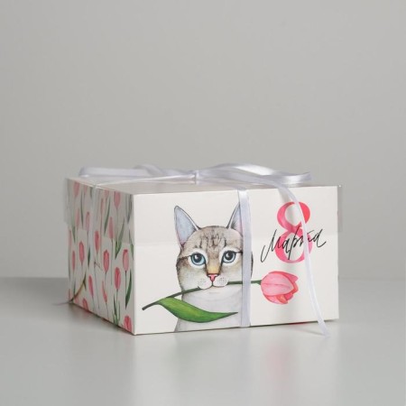 Capcake box, confectionery packaging, 4 cells “March 8!”, 16 x 16 x 10 cm
