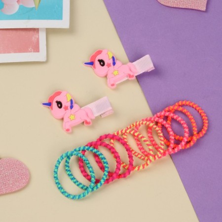 Hair set "Ray" (2 clamps-4 cm, 10 elastic bands-2.5 cm) is a cheerful unicorn, mix-1