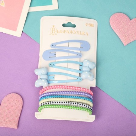 Hair Set "Olivia" (6 elastic bands, 4 invisibility 4.5 cm) Blue bow of peas
