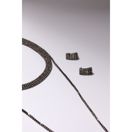 Set 2 objects: earrings, chocker "ice" 4 rows, white color in gray metal, 44.5 cm-6