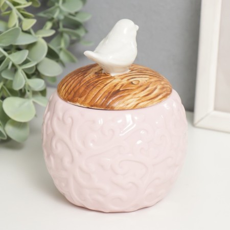 Casket Coramics Round "White Bird" Pink 9x9x12.5 cm-1