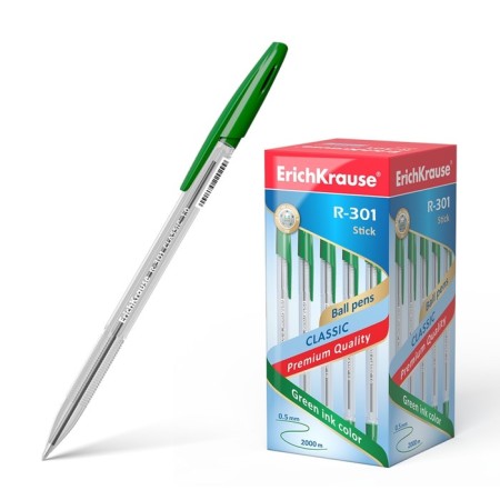 Ballpoint handle Erich Krause R-301 Classic Stick, Node 1.0 mm, green ink, letter line 2000 meters, barcode on the handle