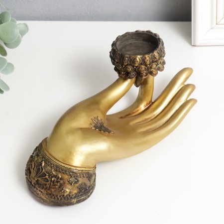 Polystone candlestick for 1 candle "hand with lotus" 9.4x21.5x7 cm-2