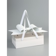 Gift box with a bow, handles and a transparent lid 35 x 21 x 15 cm white