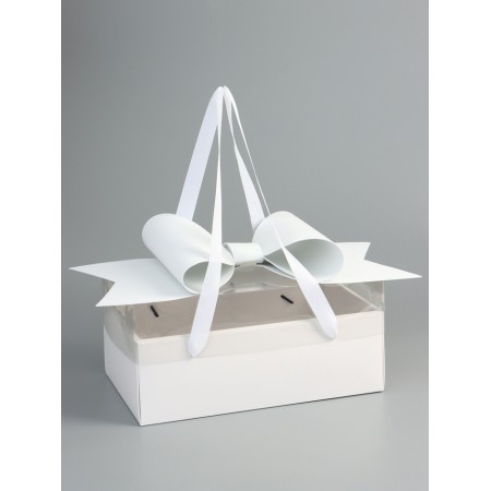 Gift box with a bow, handles and a transparent lid 35 x 21 x 15 cm white