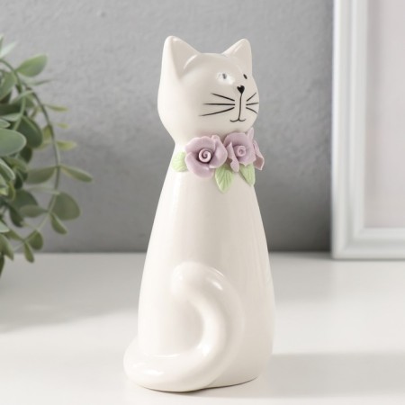 Souvenir Ceramics "Cat White sitting with a flower collar" 6.5x6.2x14.3 cm-1