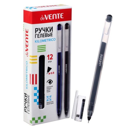 Gel pen 0.5 mm, Devente Kilometrico, black ink, increased ink, length 1200 m, transparent case, one -time housing