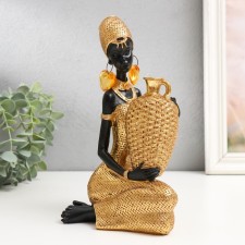 African Polystone souvenir sits with a wicker jug ​​