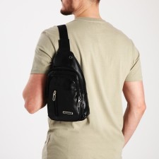 Male sling bag, artificial leather, headphone opening, black color