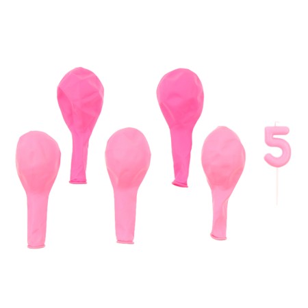 Set of candle in cake + 5 balls, number 5, pink-2