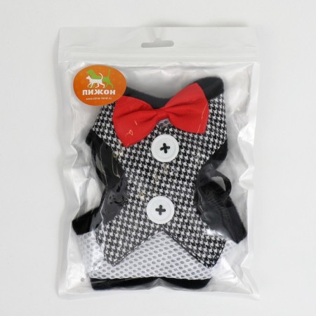 A set with a soft harness and a bow, size S, leash 120 x 1.5 cm, fire 23-42 cm, gray-9