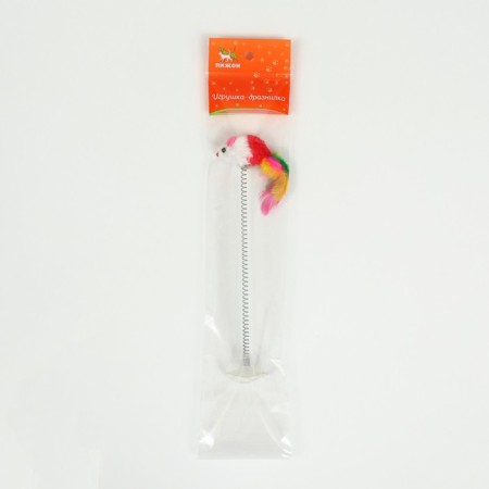 Domestic "Mouse on the suction cup", artificial fur with colored feathers, 24 cm, red/white mouse-5
