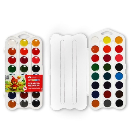 Watercolor honey 24 colors, ZHK "Flower", without brush, white plastic case, 2742190