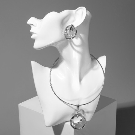 Set 2 objects: earrings, necklace "geometry" circles, color silver, d = 14.5 cm-2